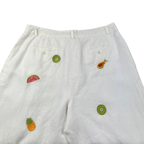 Jillian Jones Wide-Leg Linen Pants Cropped Women’s Sz 12 White Fruit Embroidery - Picture 3 of 15